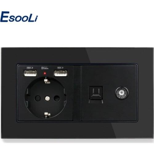 ESOOLI Crystal Tempered Glass EU Standard Electric Socket with 2 USB + RJ45 Internet Jack and Television Port Power Outlet