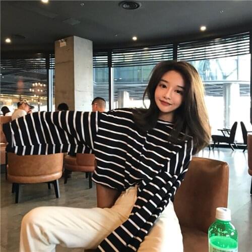 T-shirt Women Korean Fashion Harajuku Striped Loose Long-sleeved Oversized T-shirts College Style Bat Shirts y2k Top Tees Blusas