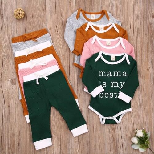 Newborn Baby Girls Boys Clothes Sets Letter Print Knit Long Sleeve Romper Tops Pants Autumn 2PCS 0-24M