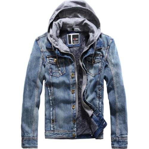 Mens Denim Jacket Winter Thick Velvet Warm Detachable Hooded Coat Men Bomber Casual Jeans Jackets and Coats Fashion Clothes