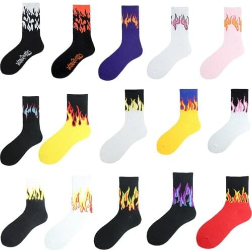 MXMA Japanese Harajuku Women Men Flame Print Crew Socks Hip Hop Contrast Color Ribbed Casual Sports Street Skateboard Mid Tube