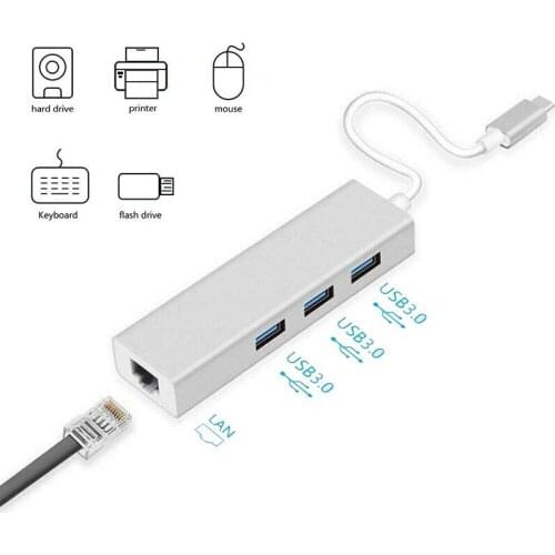 New 4 in 1 USB 3.0 Type-C to RJ45 Socket Ethernet Portable LAN Network Power Interface Adapter USB-C Expander Hub for Laptop