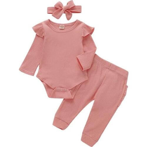 0-18M 3pcs Casual Newborn Baby Girl Clothes Romper T-shirt Top+Pants Leggings+Bow Headbands Kids Outfit Set Spring Autumn