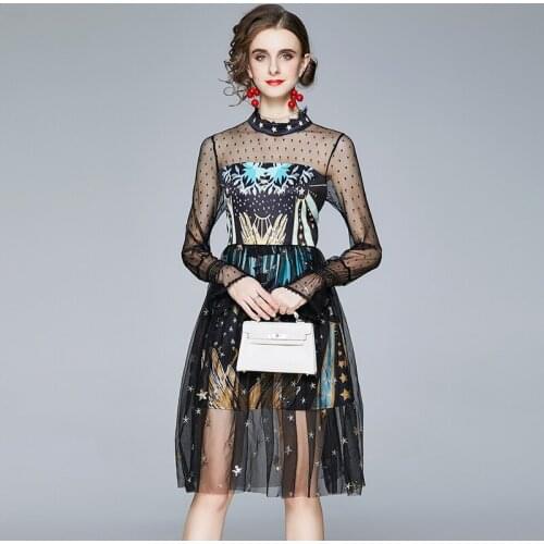Spring Autumn Womens Hollow Out Dress New Sequins Stars Dot Embroidery Floral Printed Mesh Splice Elegant Vintage Dresses