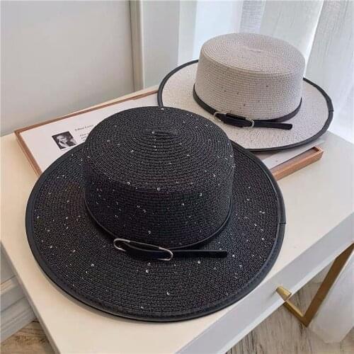 New Classical Flat Top PU Belt Hats For Women Spring Summer Paper Straw Hat Fedoras Sequin Sun Hat Beach Outdoor Vintage Panama