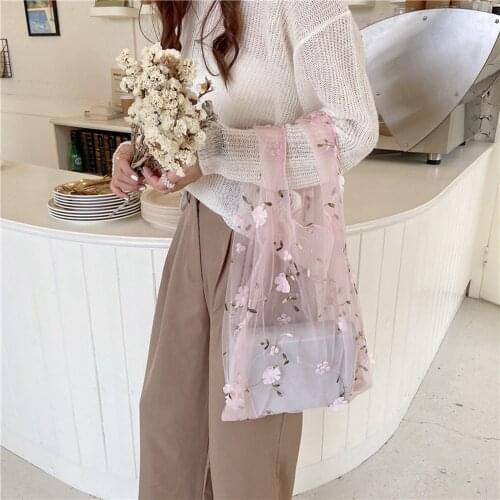 New Handmade Flower Embroidery Hand Bag Casual Tote Mesh Shoulder Lady Travel Shopping s Woman Handbags