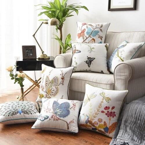 China Art Butterfly Floral Embroidery Cushion Cover Home Decoration Cotton Canvas Geometric Pillow Cover 45x45cm Sofa PillowCase