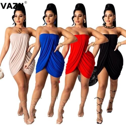 VAZN New 2021 Solid Party Sleeveless Strapless Dress Pleated Sexy Regular Dress Women Elegant Fashion Dress Slim Dress