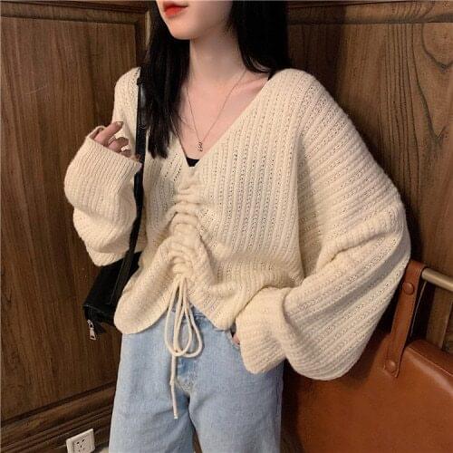 Spring Autumn Drawstring Solid Vintage Retro Loose V-neck Lace-Up Knitted Warm Women Lady Pullover Sweater