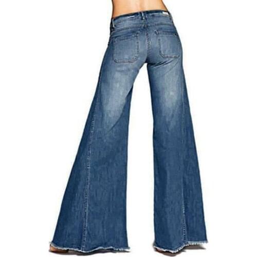 Women Flared Denim Jeans Wide Leg Pants Bell Bottom Trousers Plus Size Solid Color Low Waist Trousers Fashion Casual