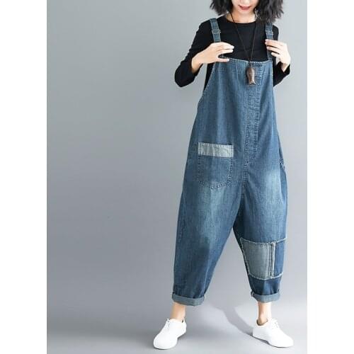 Spring Autumn Rompers Women Jeans Jumpsuit 2021 New Casual Washed Pocket Denim Rompers Vintage Loose Wide Leg Denim Overalls