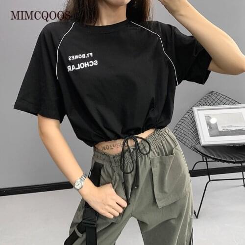 Women Crop Tops Lettered Embroidered T-shirt Short Raglan Sleeve Drawstring Short High-waisted Jazz Dance Tops Fashion E-girls