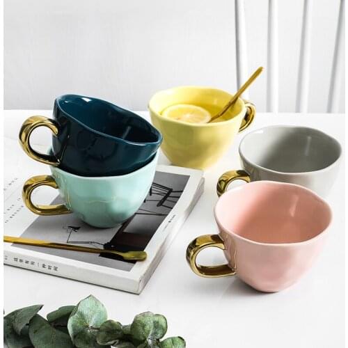 1pc Modern Ceramic Mug Water Cup with Golden Handle Breakfast Milk Coffee Mug Home Kitchen Supply