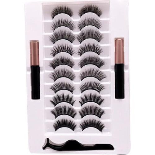 12Set/Lot 10Pairs/Set Magnet False Eyelash Natural Dense Set Double Tube Magnetic Eyeliner Liquid Glue Free Tweezers HA2307