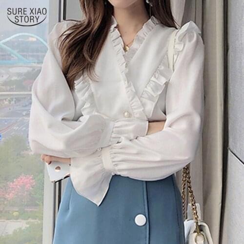 2021 Ruffled Solid Simple Shirt Womens Autumn Long-sleeved Elegant Chiffon Blouse Women Gentle Trumpet Sleeve Shirt Women 16272