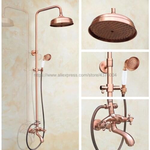 Antique Red Copper bathroom shower set Wall Mount Bathroom mixer tap bathtub shower head with hand shower Nrg504