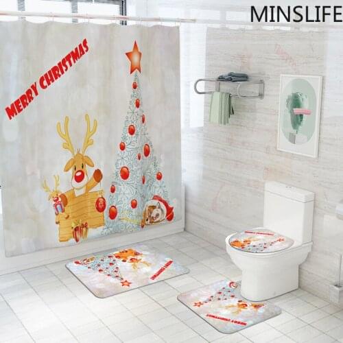 White Christmas Tree Elk Print Bath Shower Curtain Set with Anti Slip Toilet Mat Rug Carpet Bathroom Festival Decor with Hooks