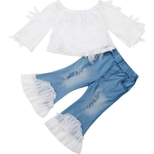 Toddler Baby Kids Girls White Lace Off Shoulder Tops Blouse Denim Pants Ripped Flare Bottoms 2Pcs Outfits Set Autumn Summer 1-6Y