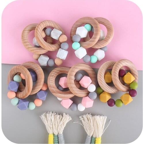 Baby Nursing Bracelets Silicone Teether Teething Wood Rattles Toys Baby Wooden Rattles Toys Bracelets Nursing Gift Accessories