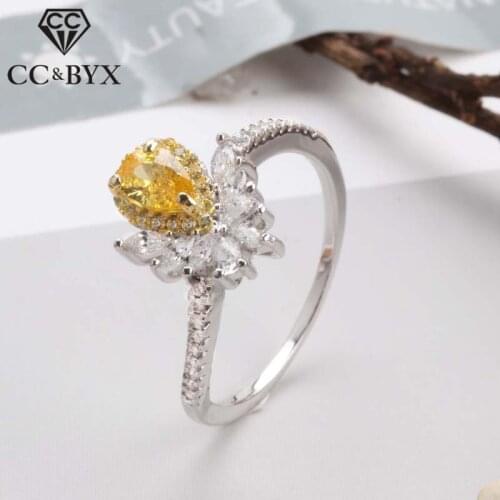 CC Princess Silver Rings For Women Water Drop Yellow Cubic Zirconia Jewelry Bridal Wedding Engagement Ring Bijoux Femme CC1488