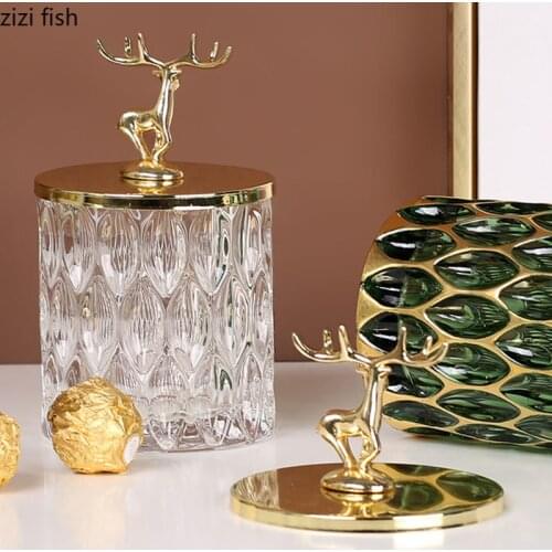 Gilded Deer Decorative Glass Storage Jars Golden Elk Decor Jewelry Storage Box Crystal Candy Jar with Cover Organizer Sugar Pots