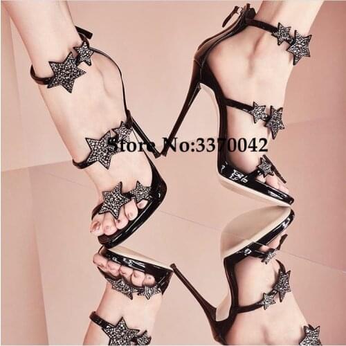 Elegant Crystal Star Sandal High Heel Metallic Leather Stiletto Heel Sandals Open Toe Cut-out Platform Summer Dress Shoes Woman