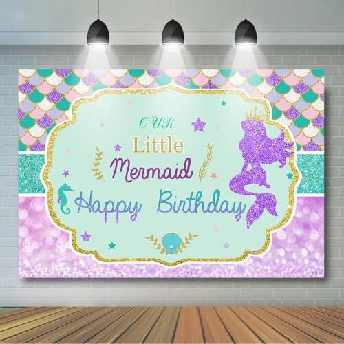 Mermaid Birthday Party Backdrop Crowned Mermaid Glitter Scales Backdrop Under The Sea Newborn Baby Children Birthday Party Decor