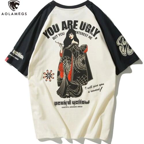 Aolamegs Short Sleeve Tshirt Men Japanese Geisha Print T-Shirts Male Hip Hop Harajuku High Street Streetwear Casual Tops Tee Men