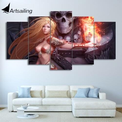 HD Printed 5 Piece Canvas Art game mage sexy girl skull fire anime Painting Wall Pictures for Living Room Poster NY-5882