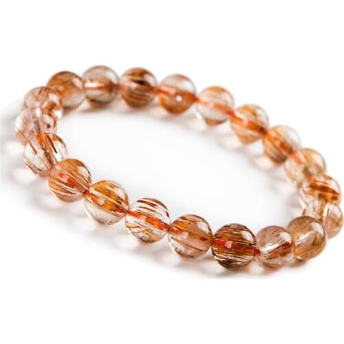 Beatiful Design 9.5mm Genuine Natural Copper Hair Rutilated Quartz Crystal Round Beads Stretch Bracelets