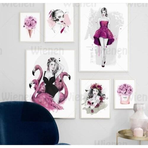 Fashion Wall Art Canvas Painting Floral Girl Perfume Flamingo Poster Pink Beauty Salon Bedroom Living Room Decoration Picture
