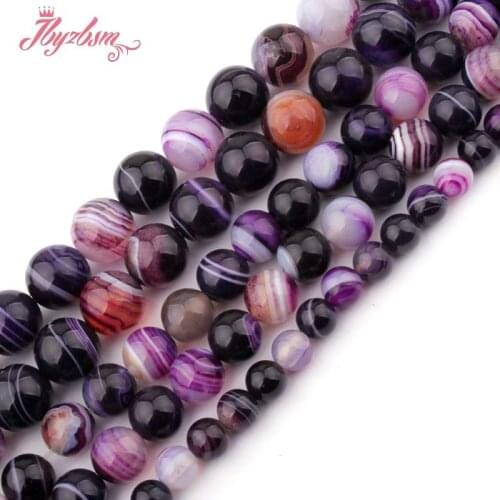Natural Stripe Agates Smooth Purple Round Bead Ball 6/8/10/12mm Stone Beads For DIY Necklace Bracelets Jewelry Making Strand 15"