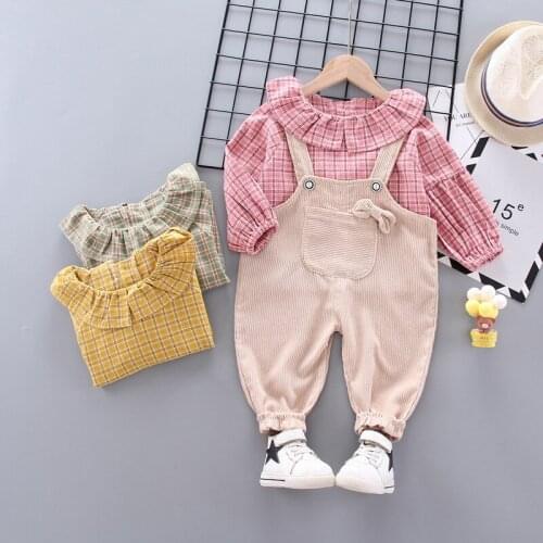 Baby girl clothes spring and autumn girl 2pcs toddler girl clothes long sleeve plaid top + overalls kids clothes girls 1-4 years