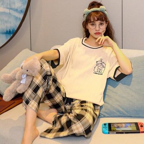 New Womens Cotton Homedress Pajamas Sets Short Sleeve Trousers Girls Nightgown Round Neck Sleepwear Casual Loose Home Clothing