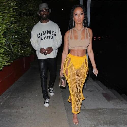 Solid Fishnet Hollow Out Knitted Long Skirt Women New Fashion Sexy Skinny See Through Party Clubwear Skirts Summer