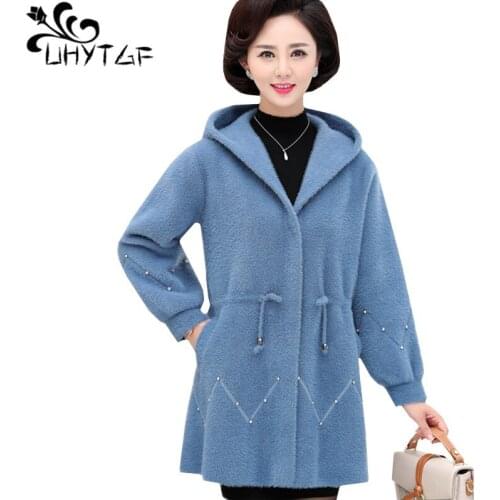 UHYTGF 3XL plus size coats female Quality Mink Cashmere autumn winter jacket womens Fashion knit cardigan women elegant tops 450