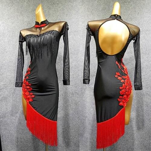 Latin Dance Dress Women Chinese Cheongsam Collar Sexy Halter Tassel Dresses Rumba Cha Cha Samba Salsa Performance Wear DN4200