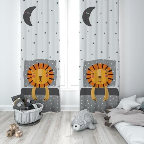 Curtains Children 3D Printed Decorative Items Home Childrens Room Sleeping Lions Dark Blue Model 109
