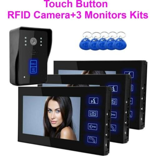 SmartYIBA RFID Wired Door Home Intercom Touch Key 3 Monitors Kits 7" Security Doorbell Camera Interphone For Villa Private House