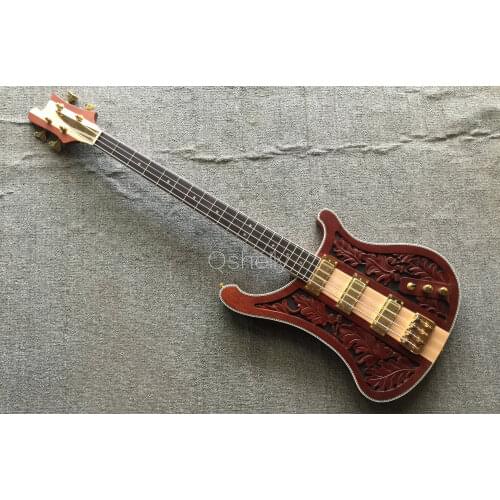 Top quality QShelly custom carving leaves ash body RK 4003 maple neck through 4 strings gold pickup tuners electric bass guitar