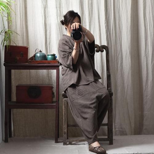 Cotton Linen Striped Shirt Women 2019 Summer Spring Tops Three Quater Sleeve Shirt Big Size Women Blouses YoYiKamomo