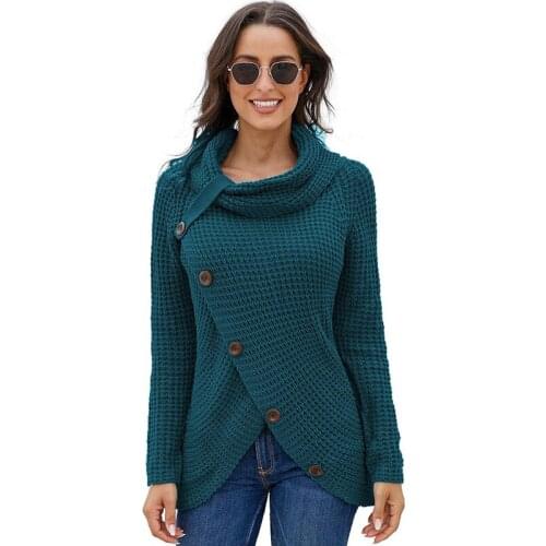 Women Turtleneck Knitted Single Breasted Irregular Top Autumn Winter Long Sleeve Tops Female Pullovers Clothes Wholesale