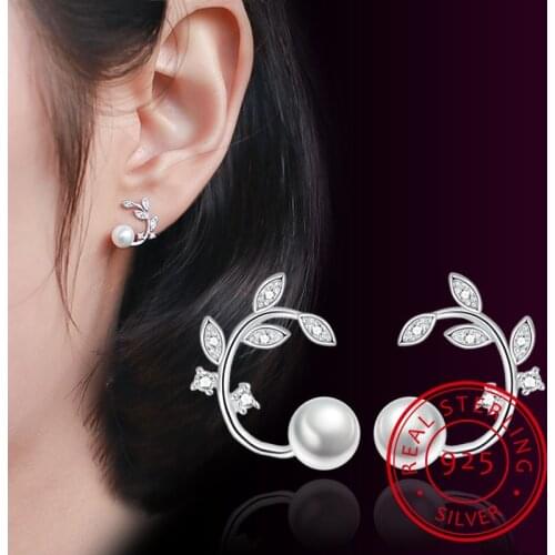 New Simple Fashion 925 Sterling Silver Zirconia Flower Pearl Branch Tree Leaves Stud Earrings For Women S-E261
