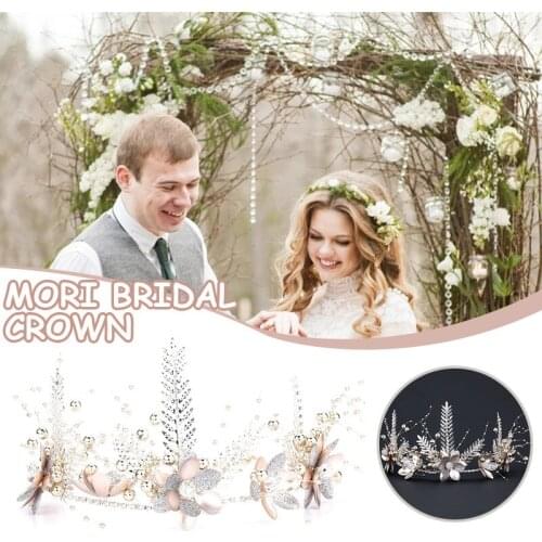 Floral Leaf Crown Hair Hoop Glittery Beaded Tiaras Adjustable Alloy Natural Style Hair Accessories for Bride Women BH