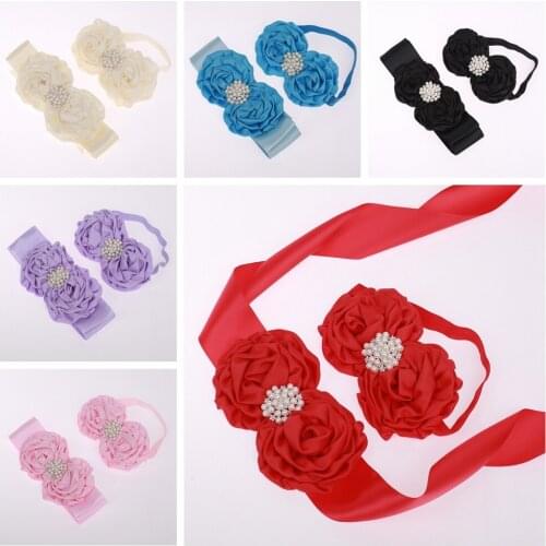 Fashion Pearls Satin Flowers Sash and Headband Set Handmade Floral Women Waistband Clothing Accessories Photo Props 11 Colors