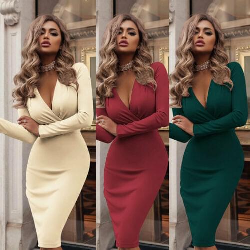 2019 Women Ladies Summer Long Sleeve V neck Formal Bandage Bodycon Slim Party Cocktail Short Mini Dress