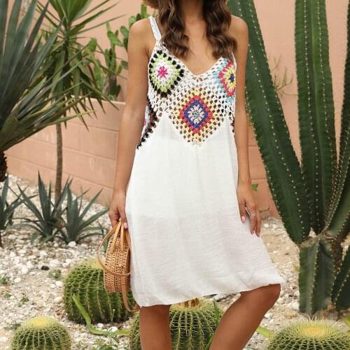 Bohemian Dress Sexy Hollow Backless Beach Swim Summer Dresses White Crochet Women Vintage V-neck Boho Beachwear