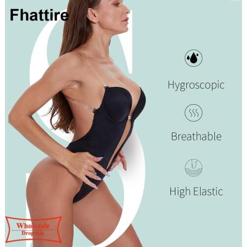 Women Body Shaper Clear Strap Backless Shapewear Deep Plunge Thong Push Up Padded Bra Bodysuit Low Back Beige Slimming Underwear