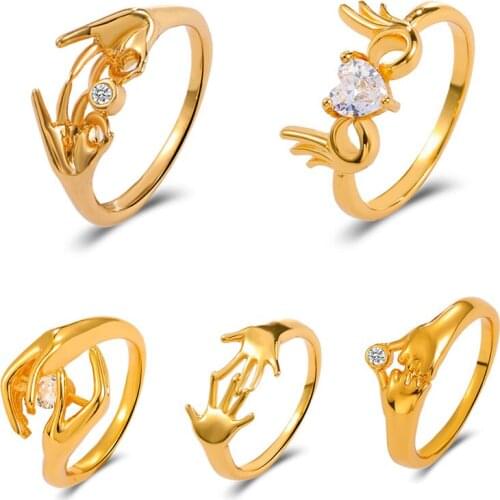 2021 Trendy Zircon Hug Hands Finger Rings for Women Girls Gold Color Romantic cute Adjustable Opening Rings Wedding Bands Gift