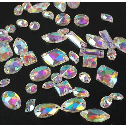 30pcs/Pack Mixed Crystals AB Rhinestones Trim Flat Back Sewing 2 Hole Stones Glass Beads For DIY Wedding Dress Decoration